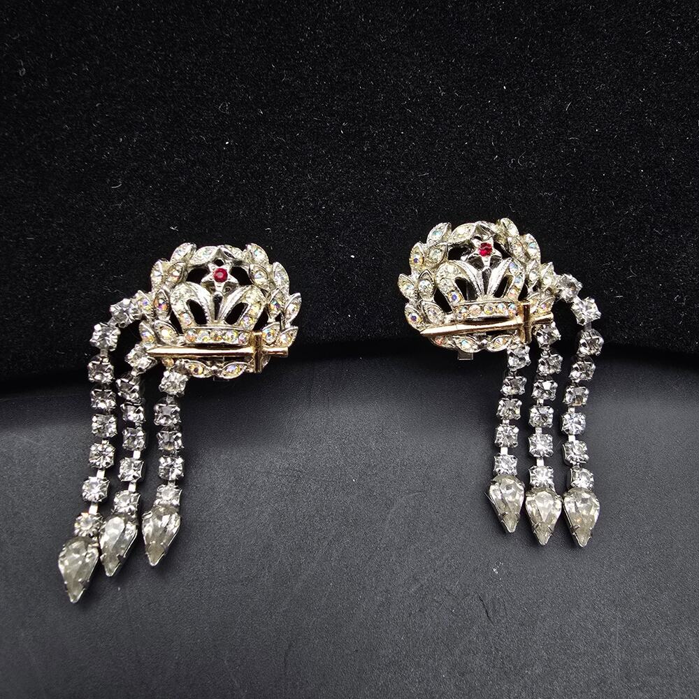 ORA Rhinestone Crown Clip On Earrings Silver Tone Dangle Drop Vintage